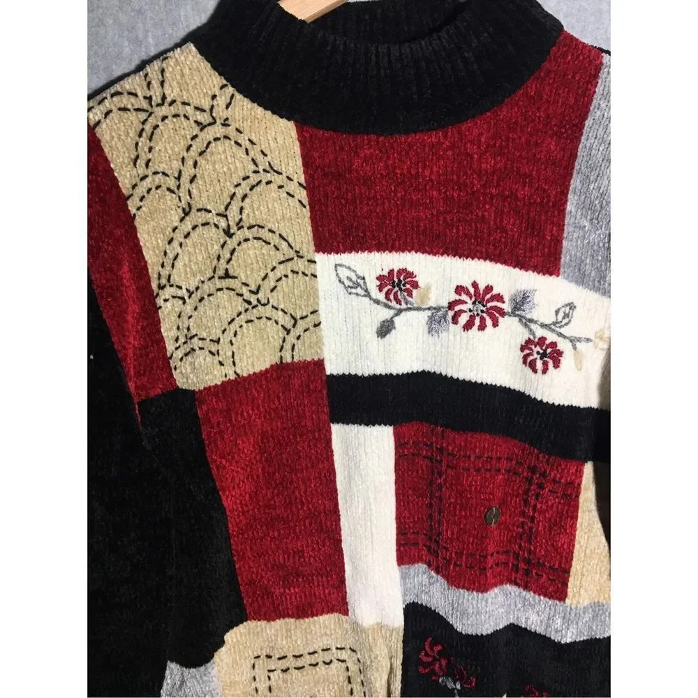 Womens Alfred Dunner Sweater Crushed Velvet Feel Colorblock Mock Neck Floral - Picture 2 of 5